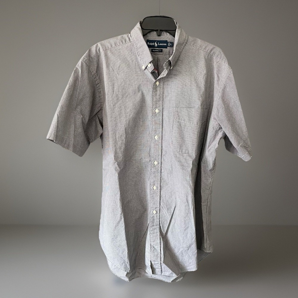 Mens L/XL POLO RALPH LAUREN Classic Fit Dress Shirt Pocket Black White Check